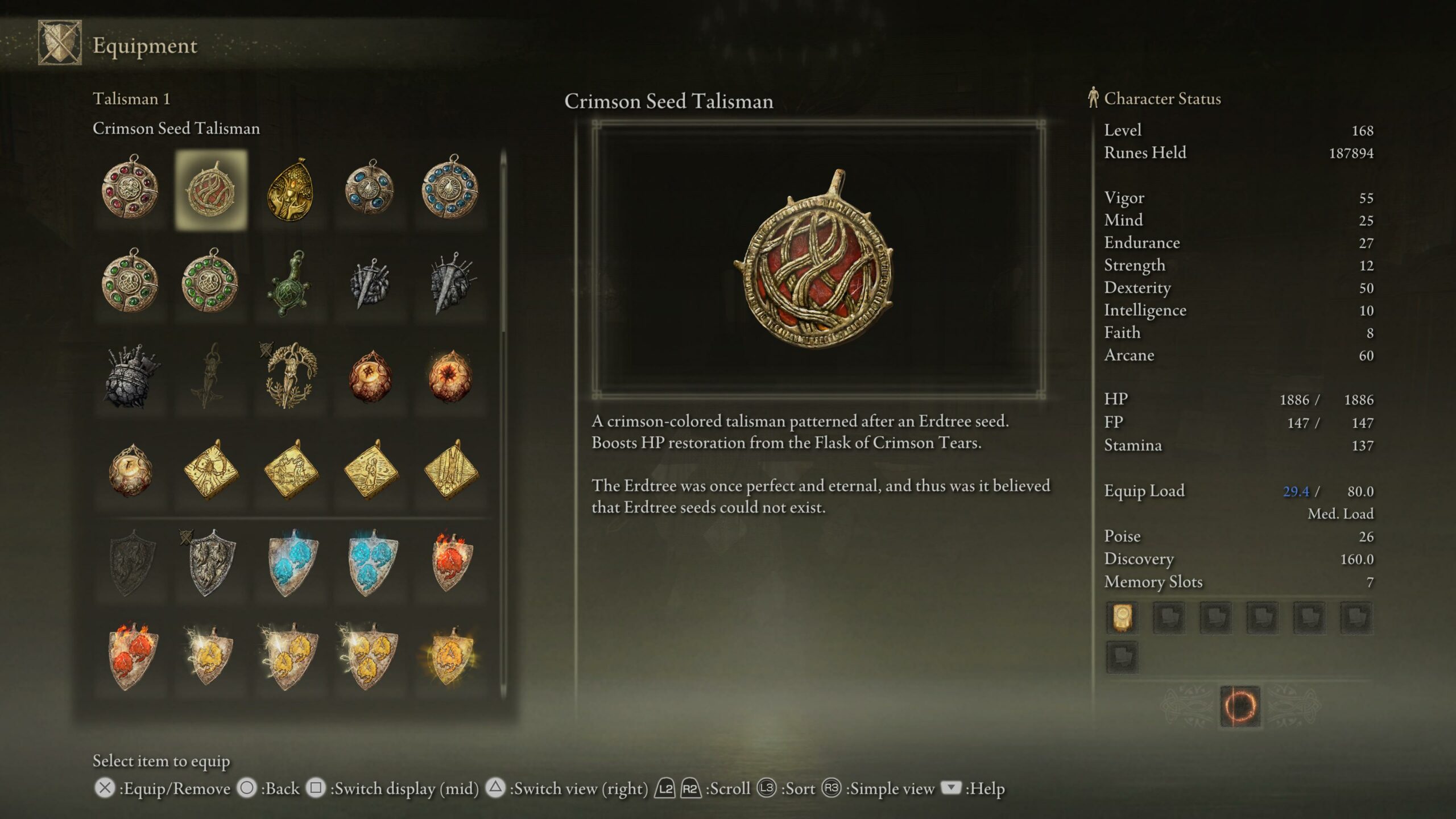 elden ring best talismans - a menu from the game showing an item