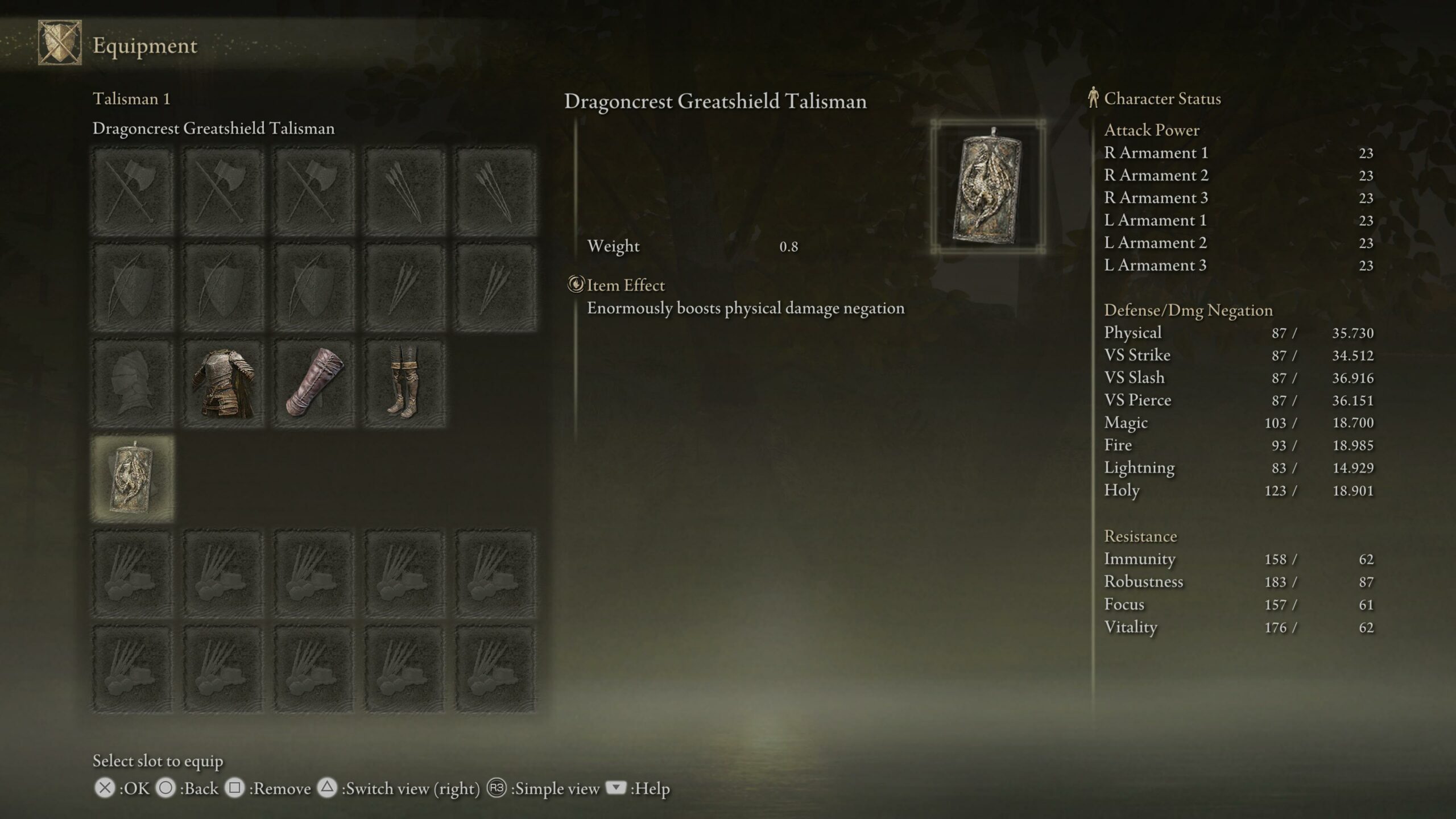 elden ring best talismans - a menu from the game showing an item