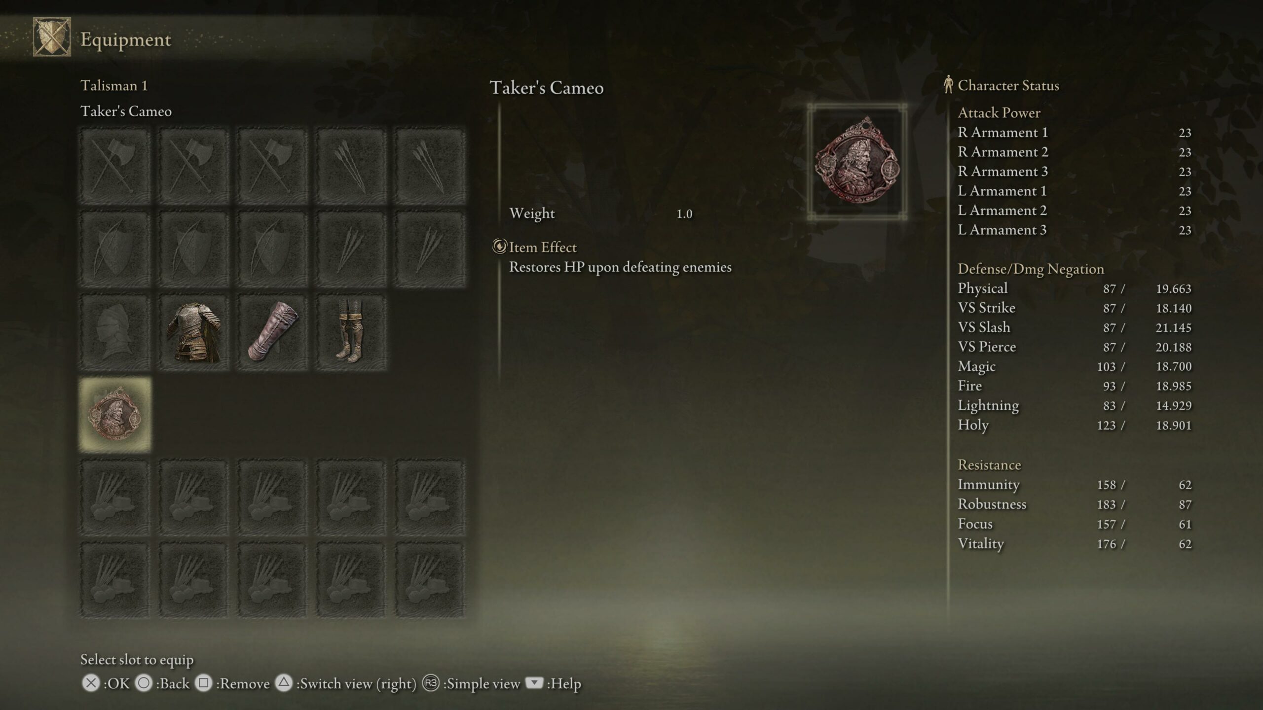 elden ring best talismans - a menu from the game showing an item