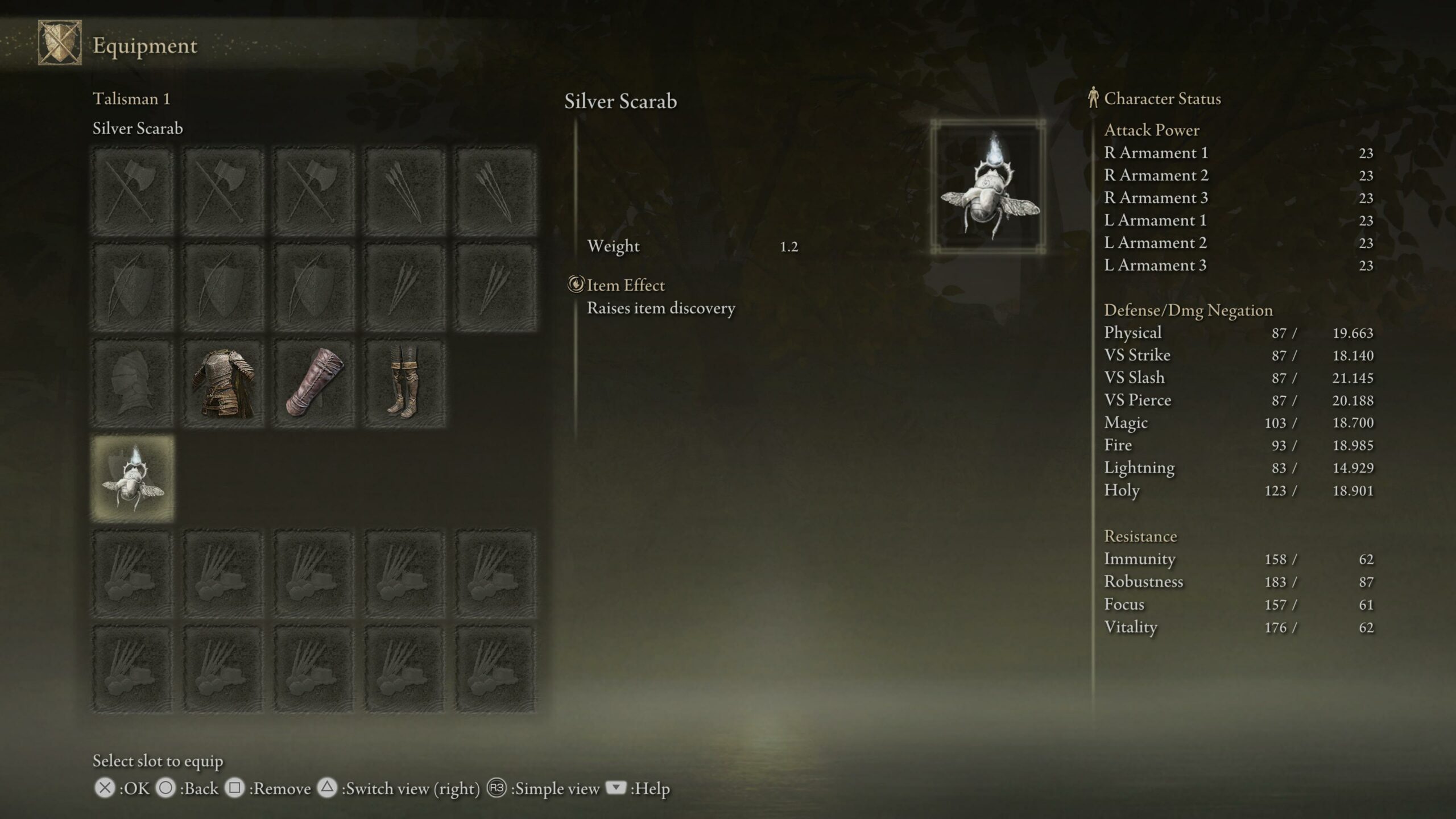 elden ring best talismans - a menu from the game showing an item