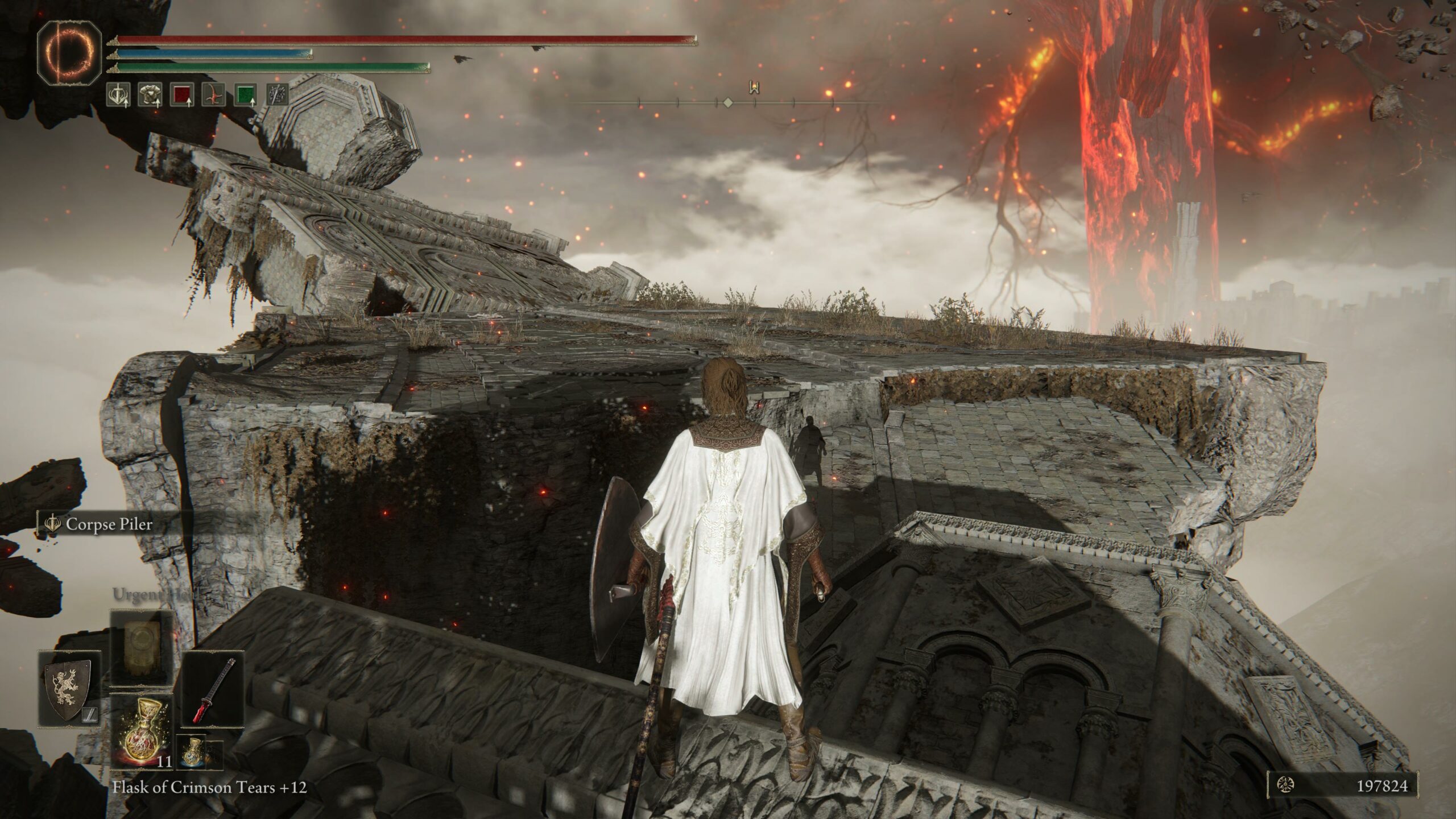 a woman stands on a crumbling platform looking over at whirling winds