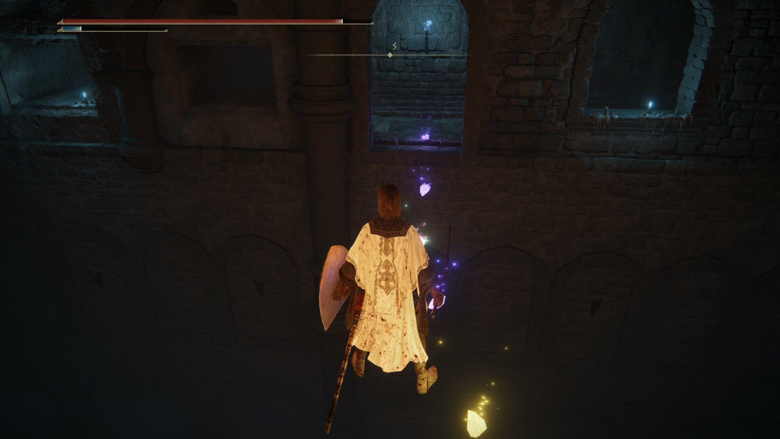 a woman stands on an invisible platform illuminated by glowing stones