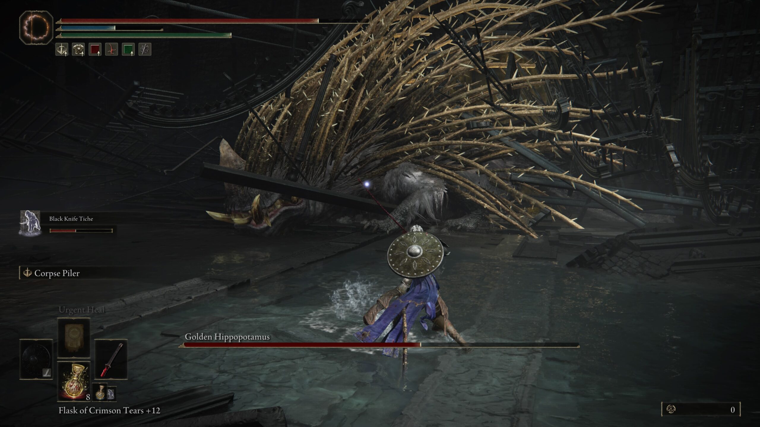 elden ring golden hippo boss guide how to beat - a large hippoptamus with golden spines attacks us