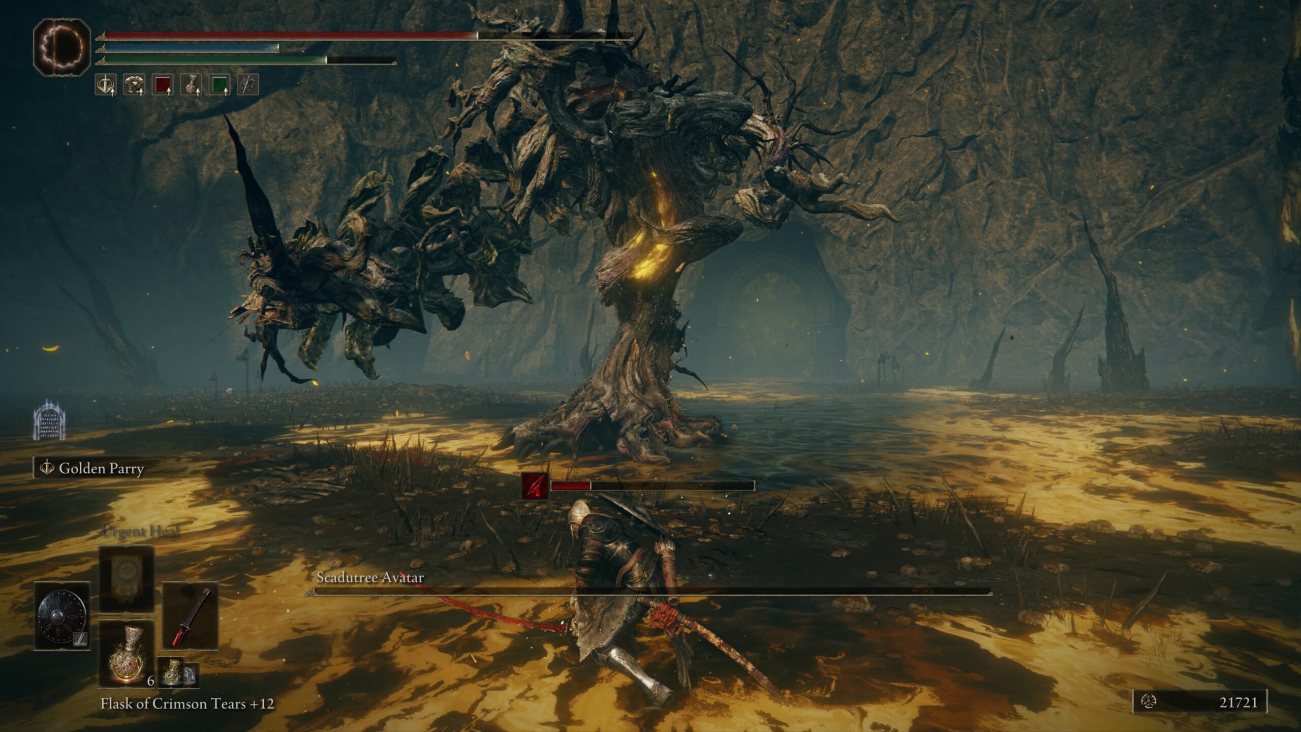 elden ring shadow of the erdtree how to beat the scadutree avatar - a tree is attacked by our character in a boggy swamp