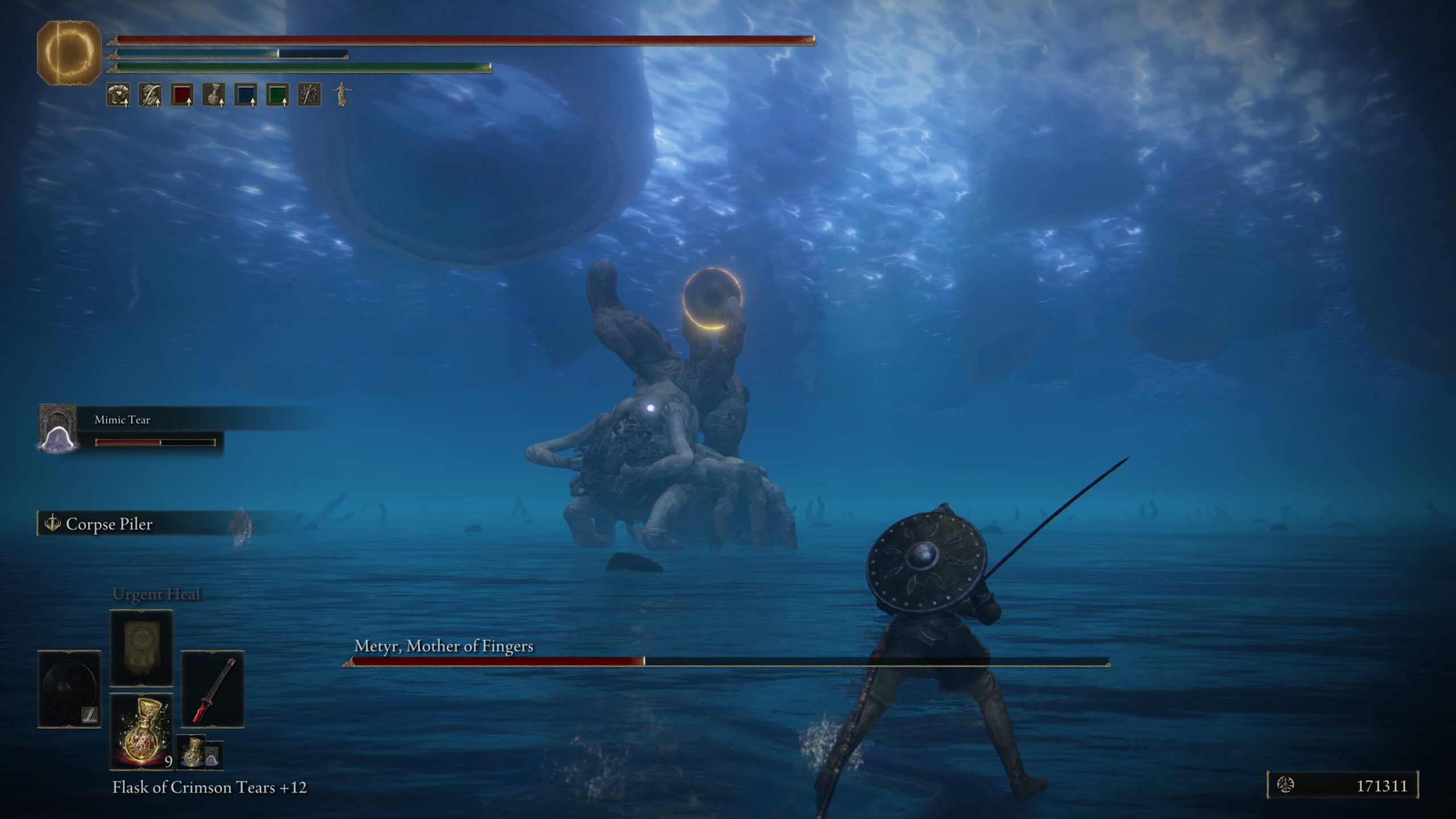 elden ring shadow of the erdtree metyr, mother of fingers boss guide - our character holds a sword fighting in a dark arena