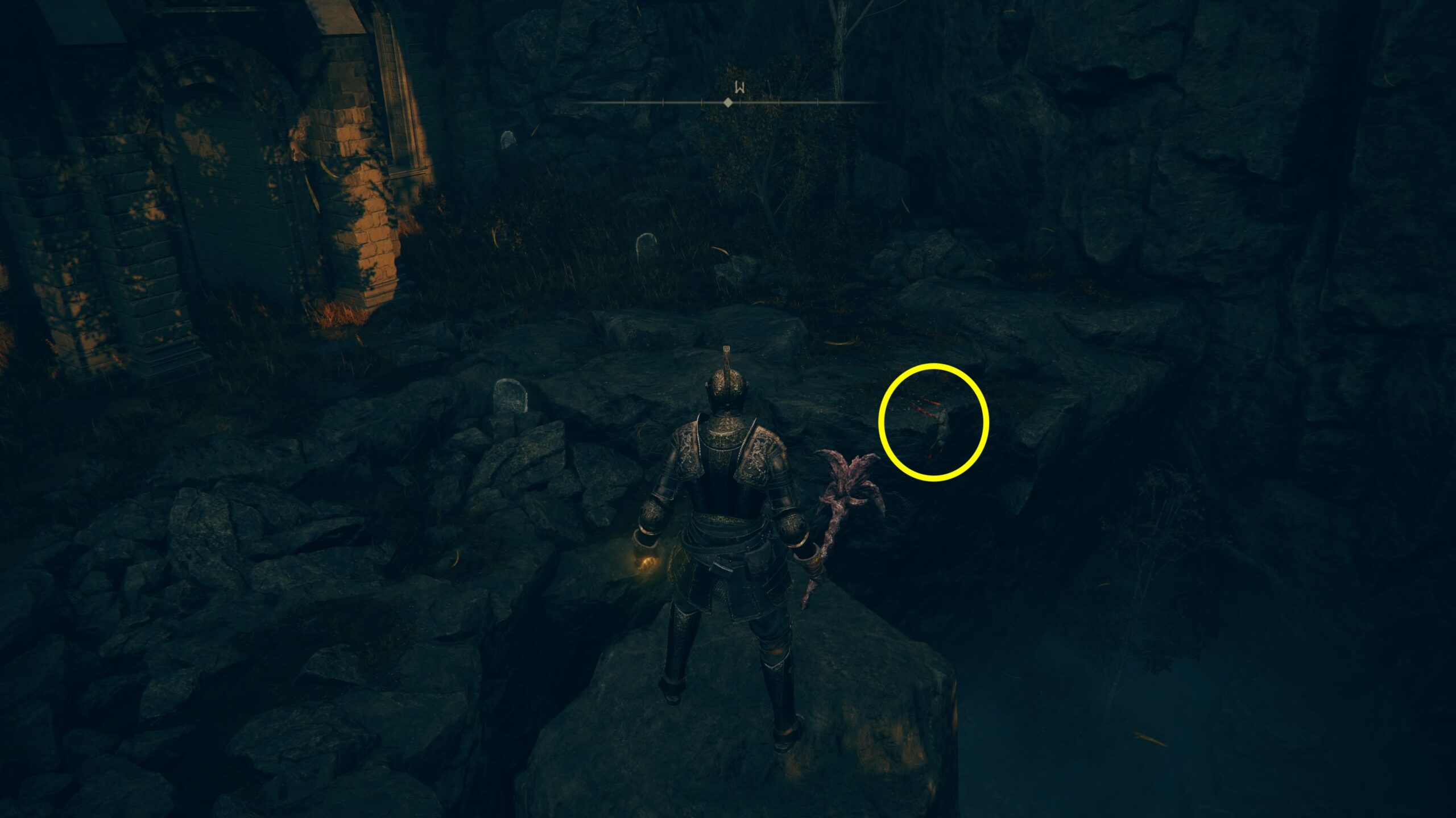 elden ring shadow of the erdtree oathseeker armor - a yellow circle shows where to find the armor as our character stands on a ledge