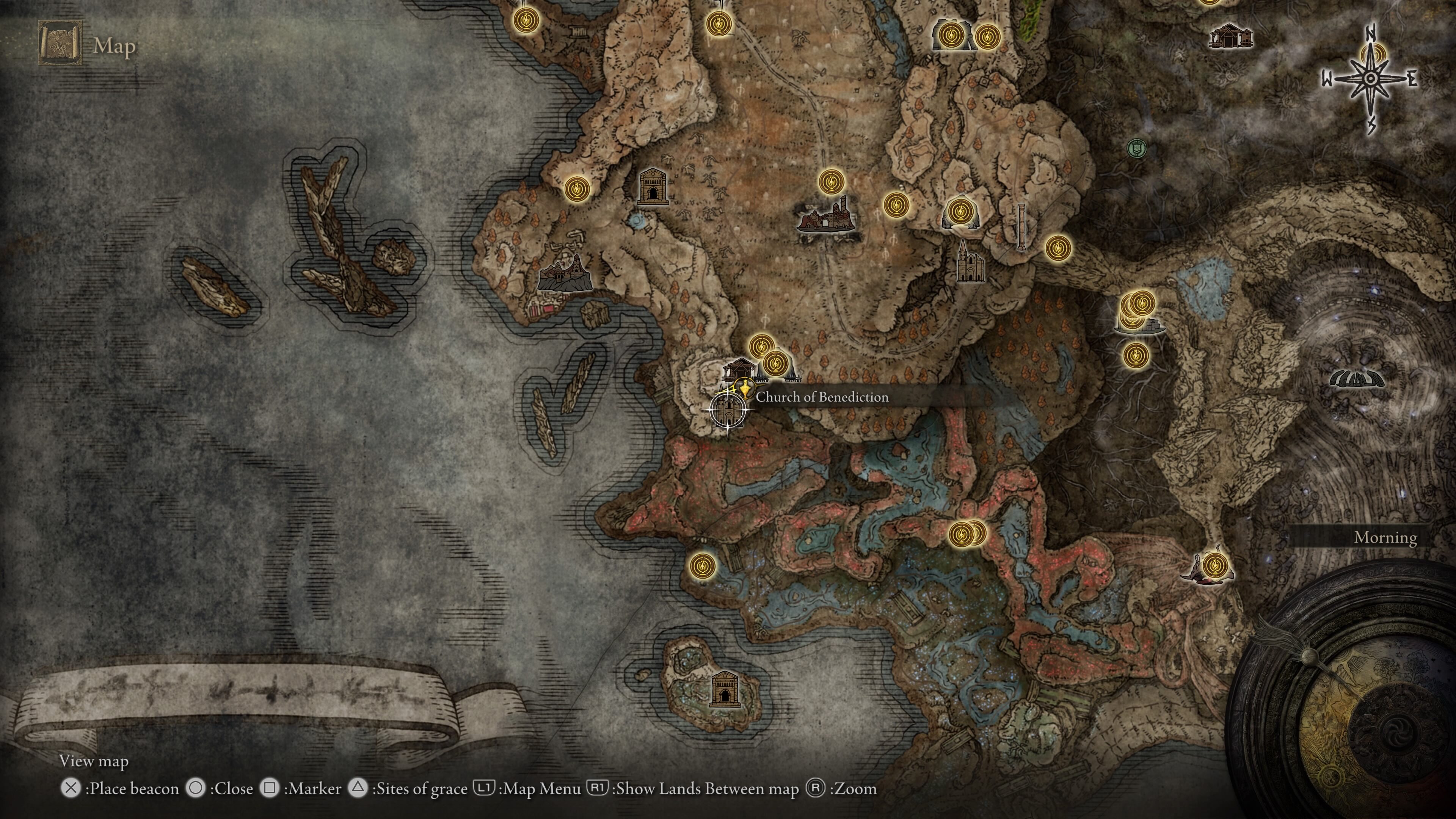 elden ring shadow of the erdtree oathseeker armor  - a map showing the church in elden ring