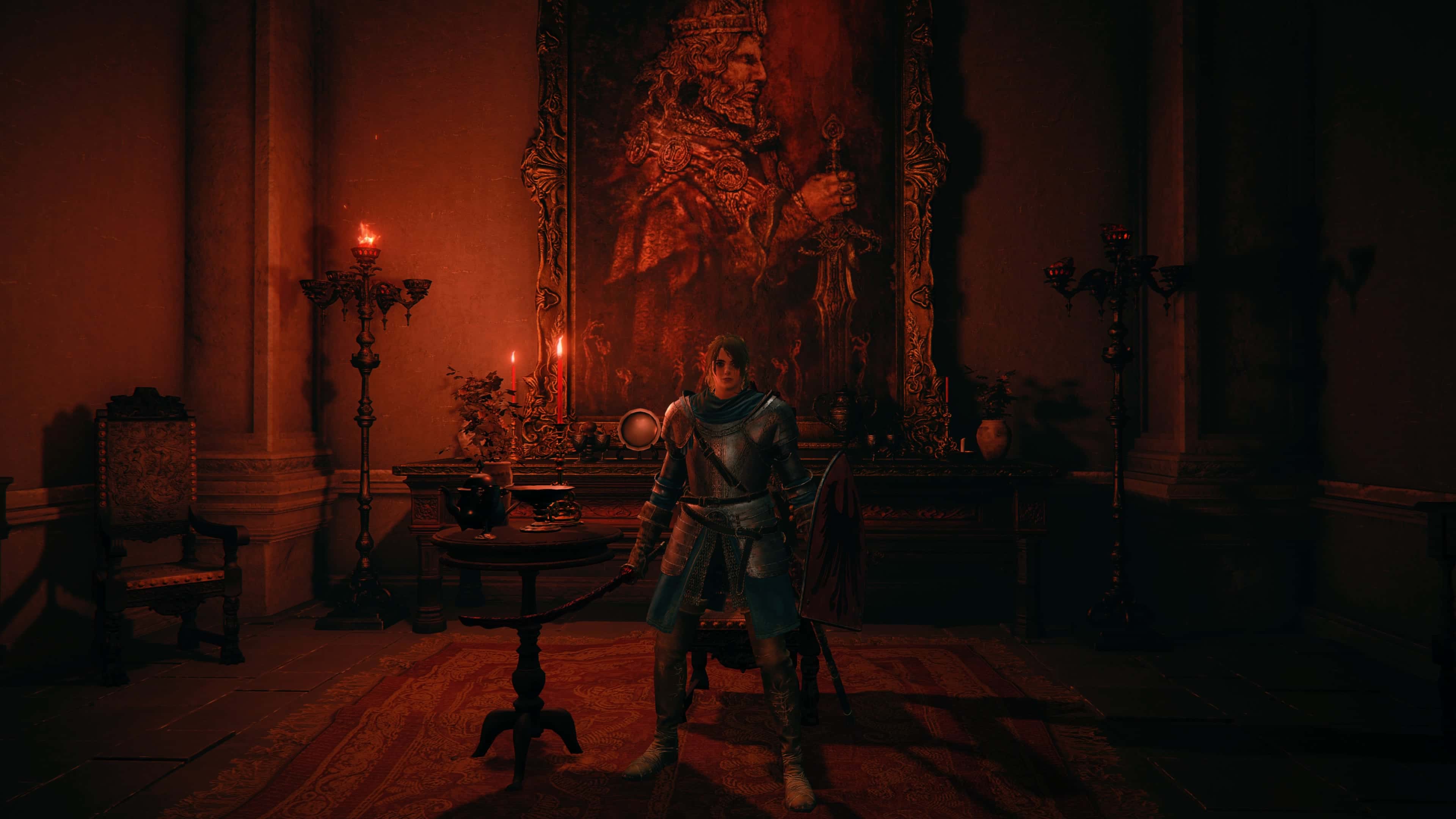 Elden Ring - how to get the Volcano Manor: our character stands in front of a portrait in the manor