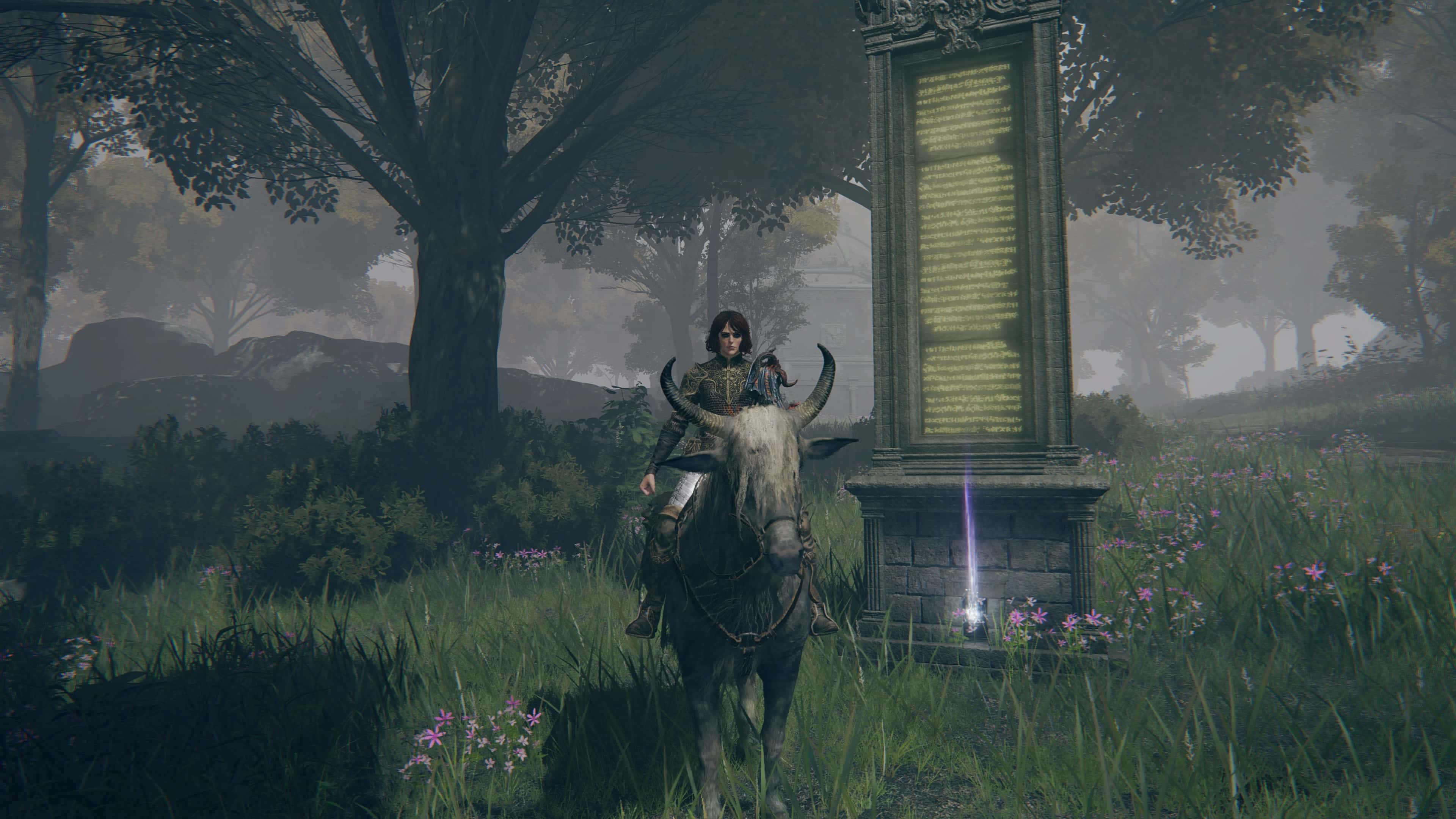 Elden Ring map fragments: our character sits on a horse next to a stele where a map fragment is.