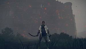 Elden ring colosseum locations - a woman with a sword stands outside a large colosseum