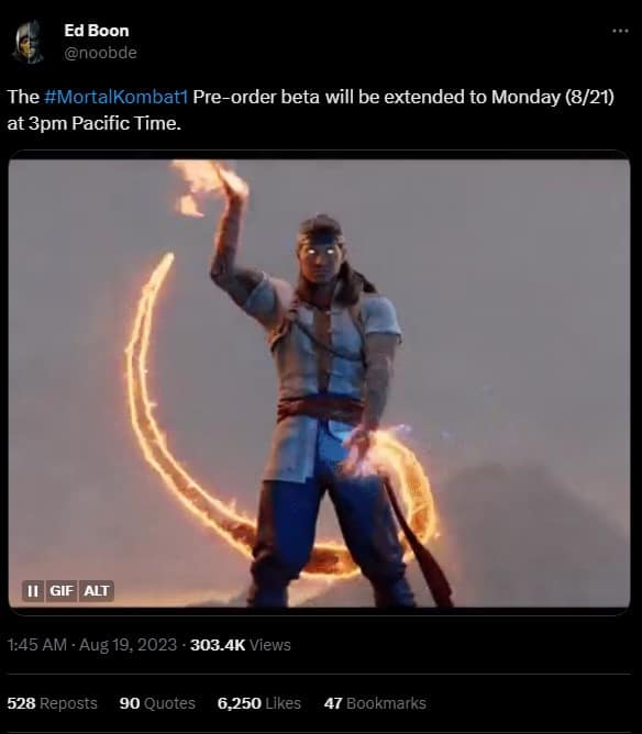 A screenshot of a twitch stream featuring a man holding a flame, during the start time of Mortal Kombat 1 beta.