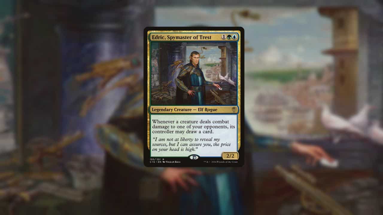 An image of a man in front of a card showcasing one of the best budget commander decks in 2023.