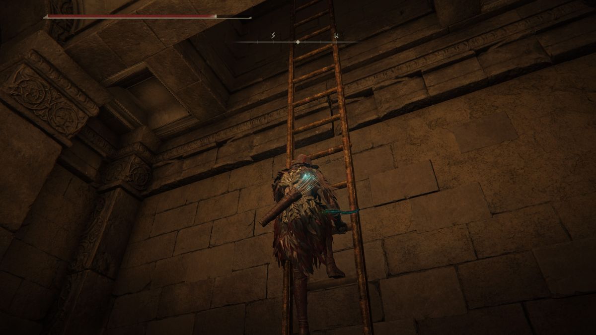 Elden Ring Shadow of the Erdtree Ancient Meteoric Ore Greatsword - Player climbing ladder in dungeon