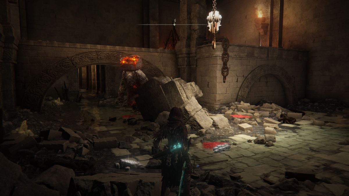 Elden Ring Shadow of the Erdtree Ancient Meteoric Ore Greatsword - Player standing in large room with stone golem