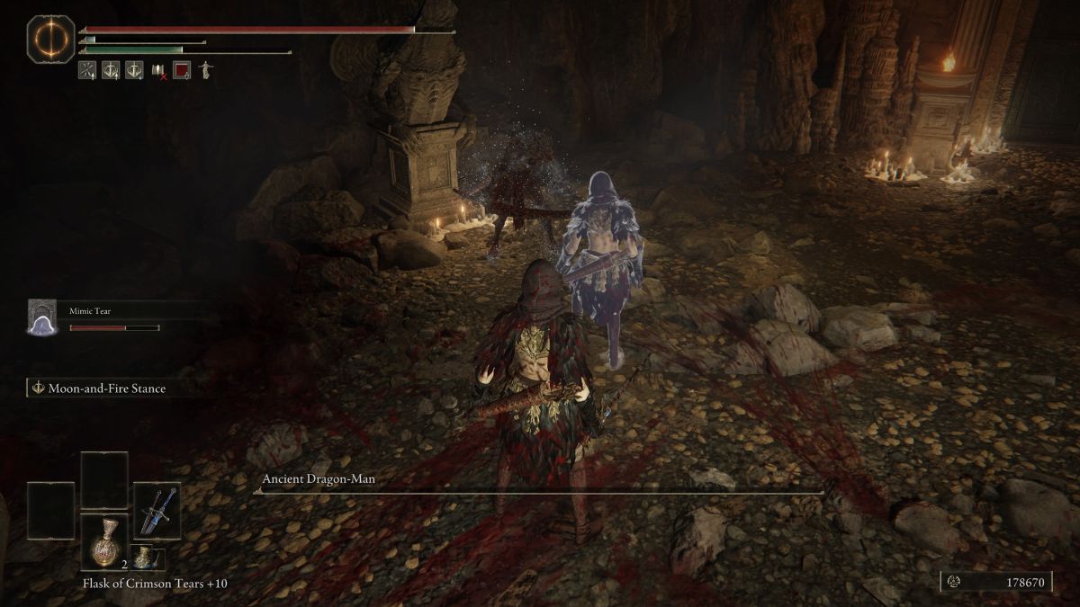 Elden Ring Shadow of the Erdtree Dragon Hunter's Great Katana - Player defeating Dragon-Man boss.