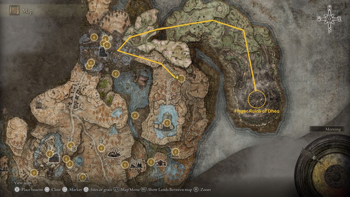 Elden Ring Shadow of the Erdtree Finger Ruins of Dheo - Map showing route from Church District to Ruins
