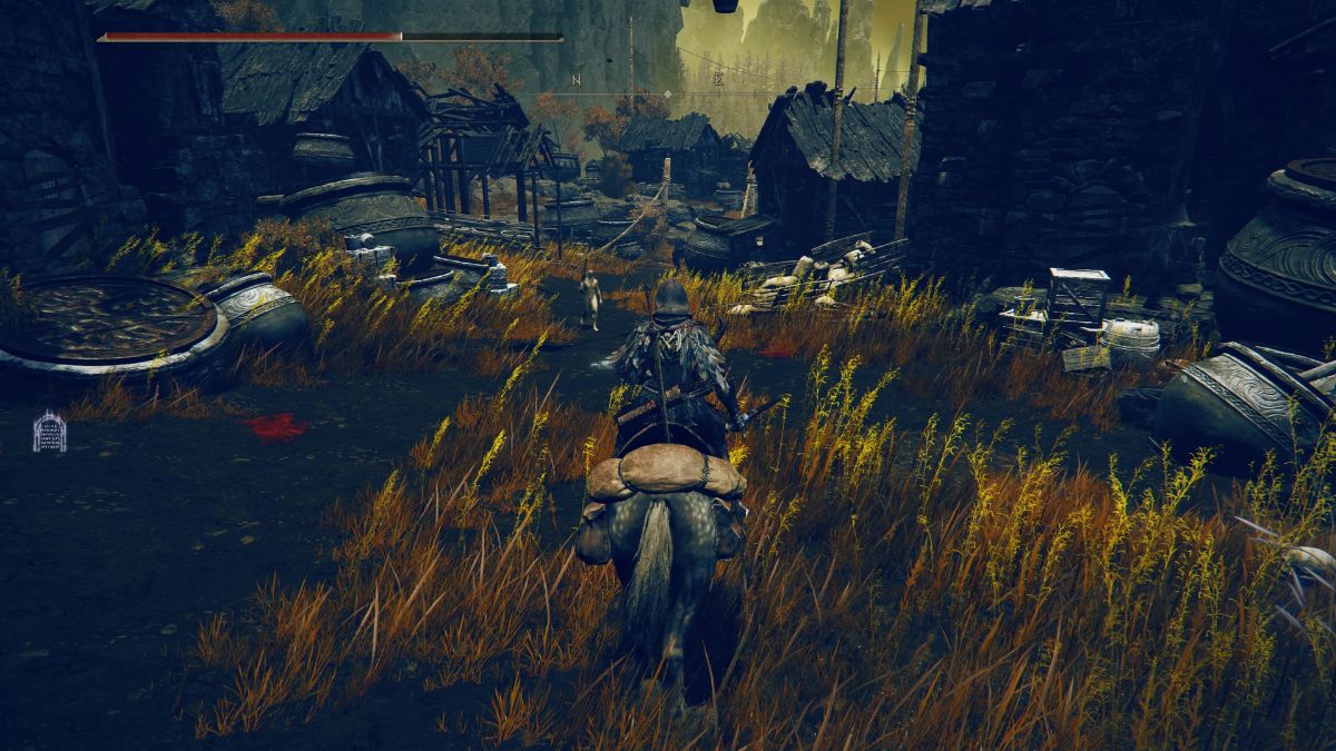 Elden Ring Shadow of the Erdtree Cathedral of Manus Metyr - Player riding horse through Bonny Village
