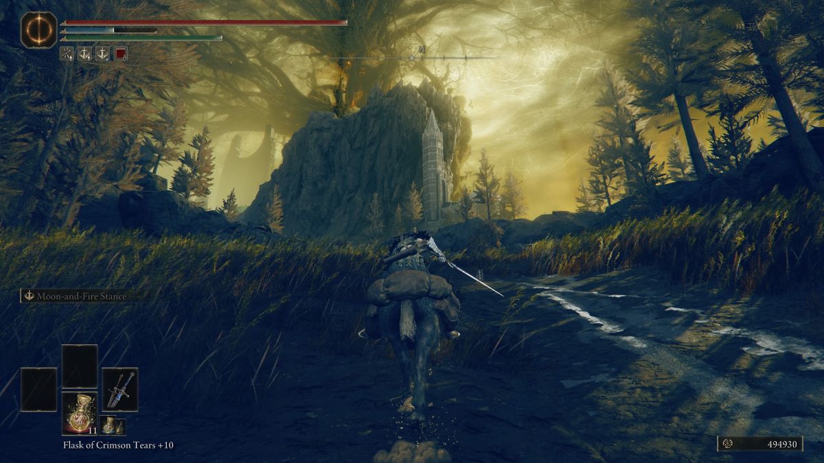 Elden Ring Shadow of the Erdtree Cathedral of Manus Metyr - Player riding horse up hill