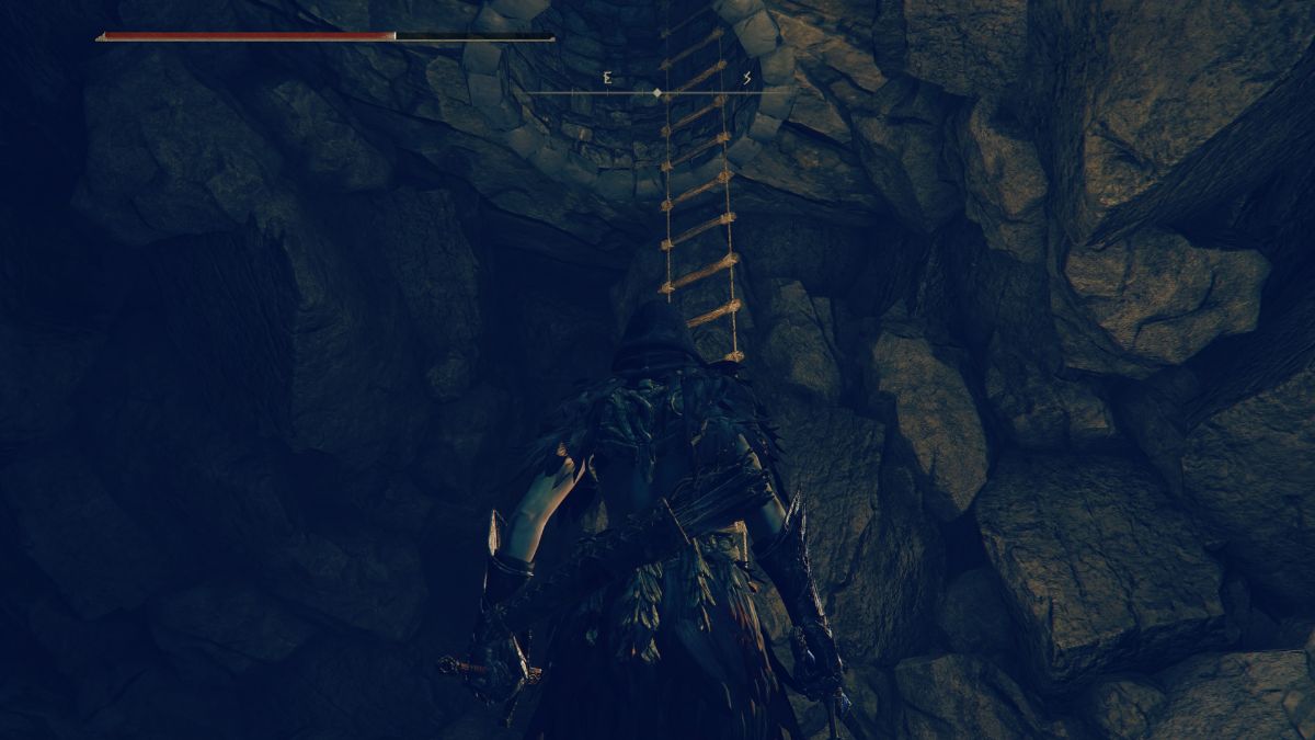 Elden Ring Shadow of the Erdtree Cathedral of Manus Metyr - Player standing by ladder in cave