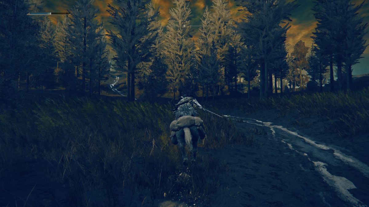 Elden Ring Shadow of the Erdtree Cathedral of Manus Metyr - Player riding horse in forest