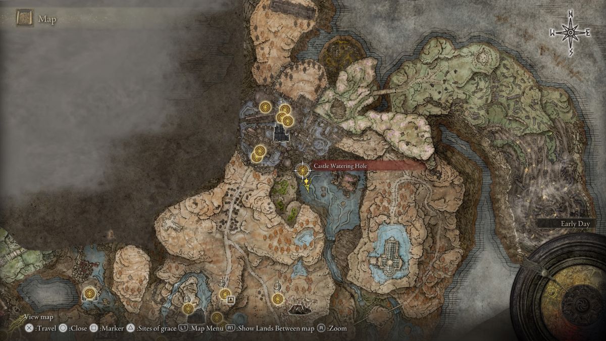 Elden Ring Shadow of the Erdtree Rakshasa's Great Katana - Map showing Castle Watering Hole Site of Grace