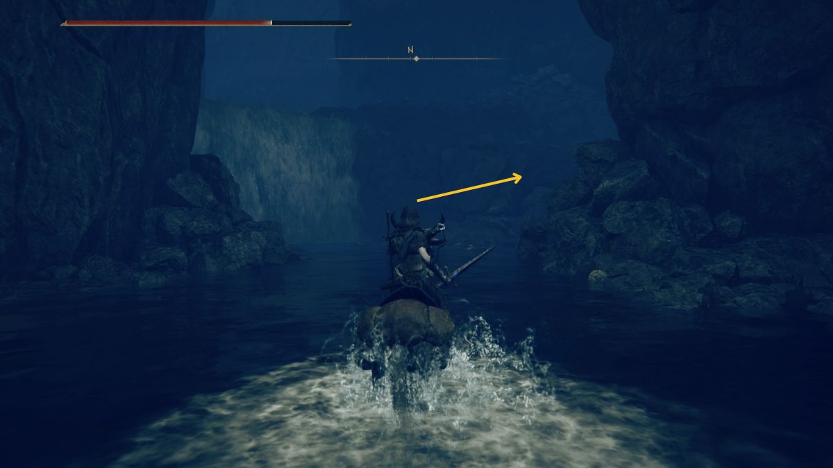 Elden Ring Shadow of the Erdtree Rakshasa's Great Katana - Player following river on horseback