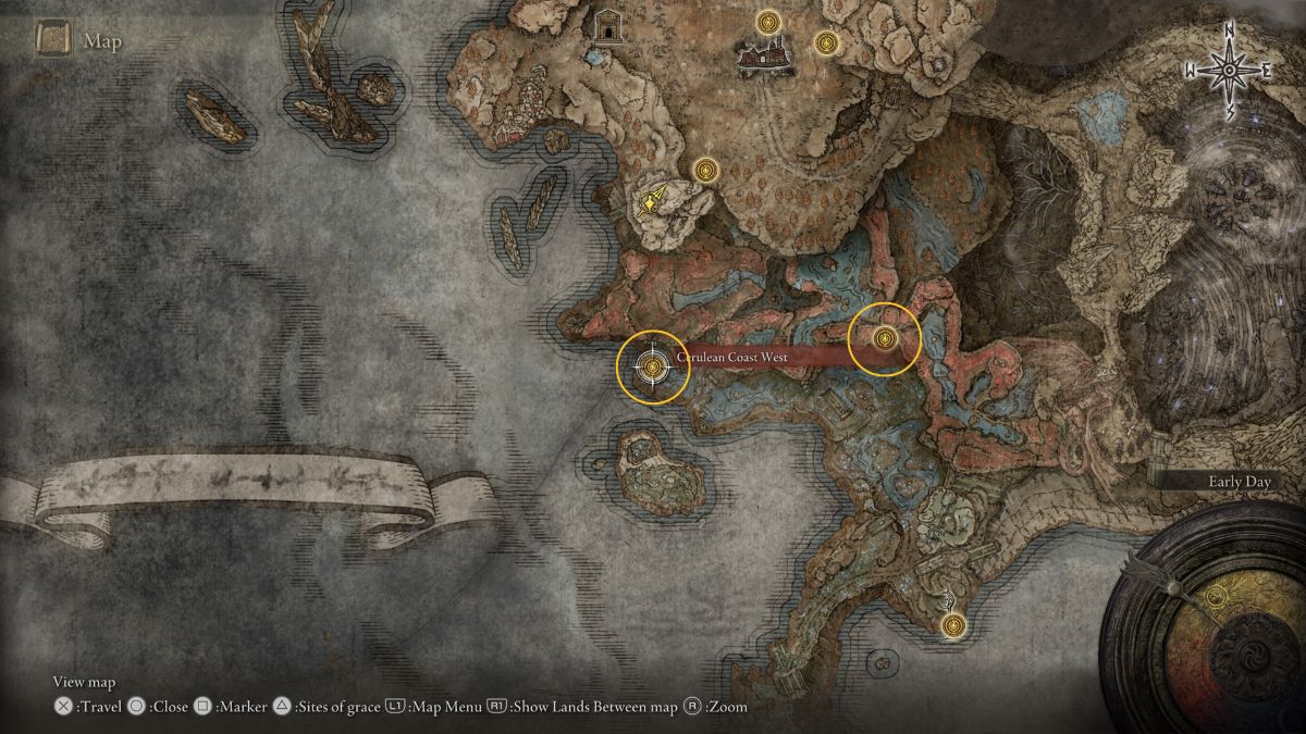 Elden Ring Shadow of the Erdtree Star-Lined Sword - Map showing where to fast travel to reach the sword