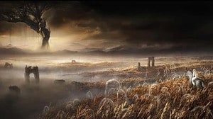 The landscape featured in the Elden Ring gameplay trailer showcases a foggy field surrounding a large building.