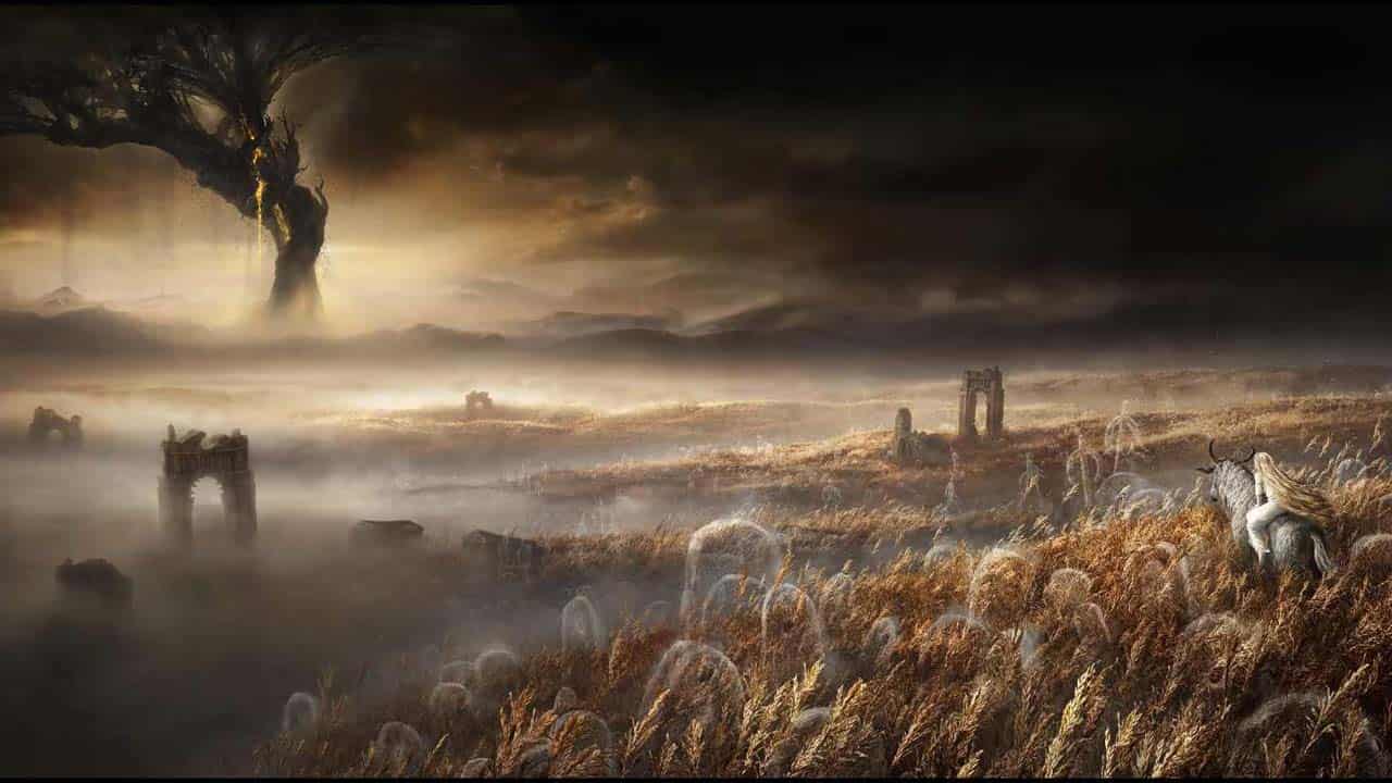 The landscape featured in the Elden Ring gameplay trailer showcases a foggy field surrounding a large building.