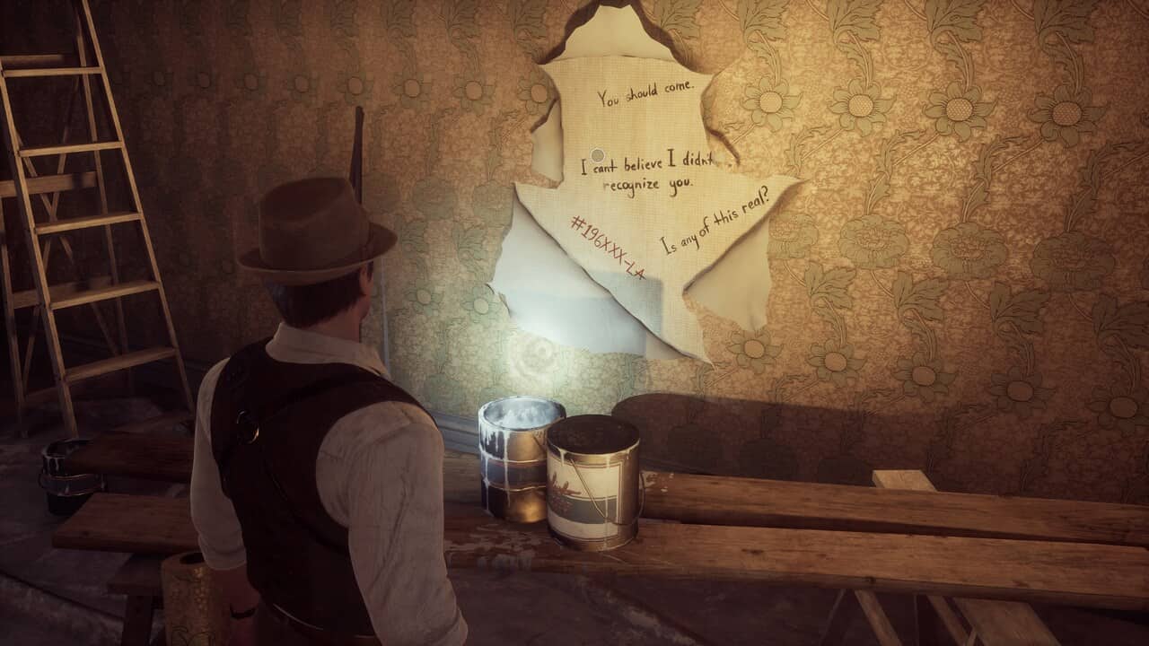 A man in a hat alone examines a torn wallpaper in an empty room with a cryptic safe code revealed beneath.
