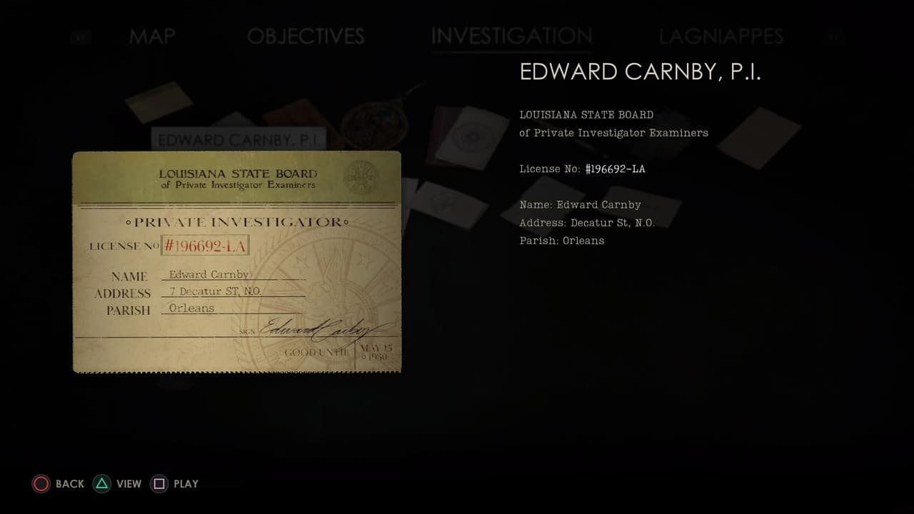 An in-game screenshot showing a close-up of a fictional Louisiana private investigator's license belonging to Edward Carnby from "Alone in the Dark".