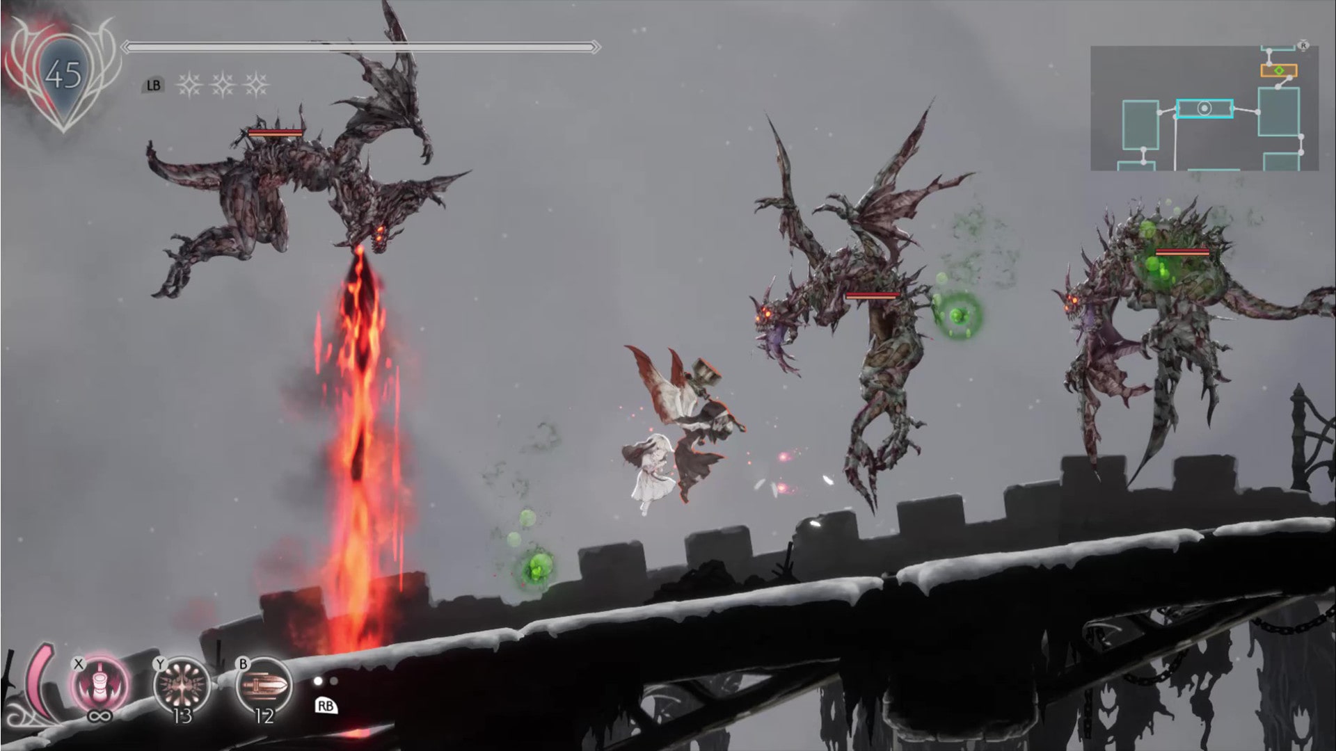 A character in white attacks flying dragon-like monsters that breathe fire and poison above a snowy castle bridge in Ender Lilies.