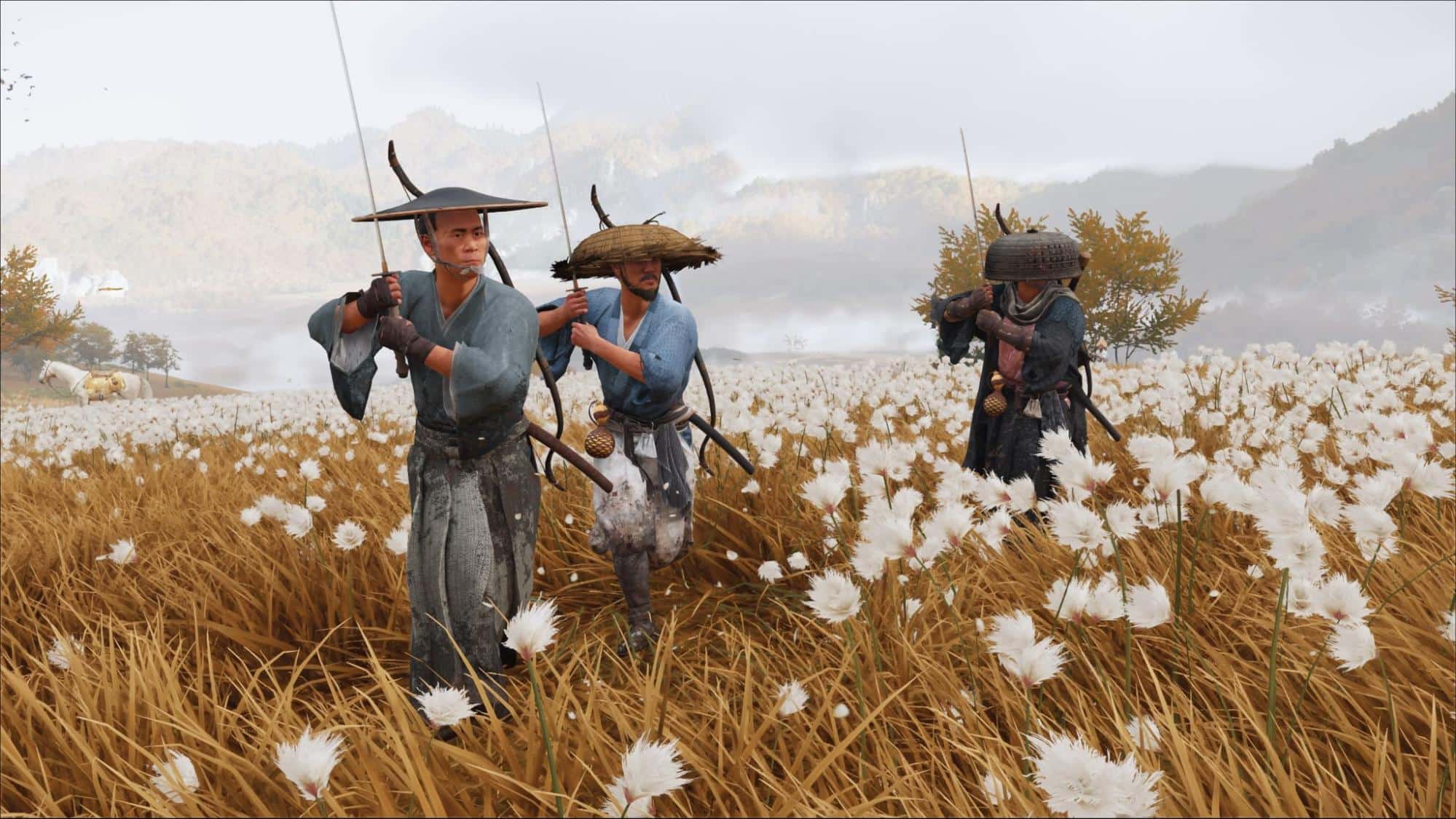 Three armed enemies patrol a flower field in Ghost of Yotei