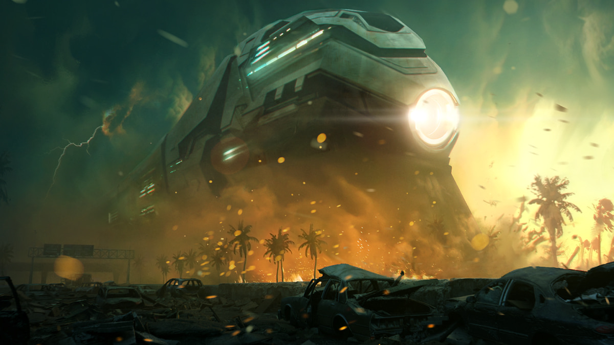 The colossal train charging through a ruined wasteland in Enginefall
