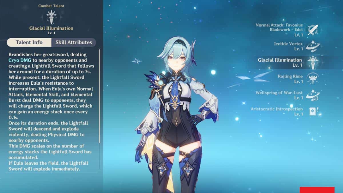 Eula in the Talent Menu in Genshin Impact.