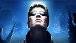 Deus Ex video game cover. Futuristic figure in sunglasses gazes upward