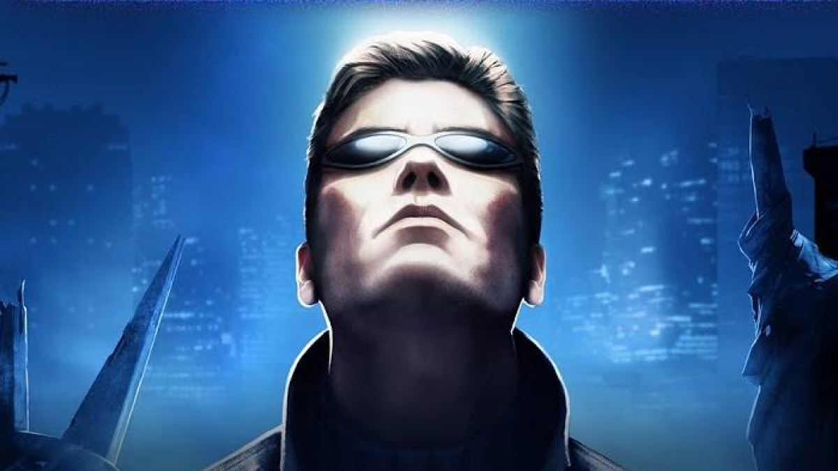 Deus Ex video game cover. Futuristic figure in sunglasses gazes upward