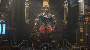 Exoprimal co-op: A red accentuated Exosuit holds a piece of equipment that looks like a motor engine.