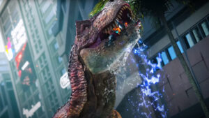 Exoprimal crossplay: A T-Rex eats an Exosuit.
