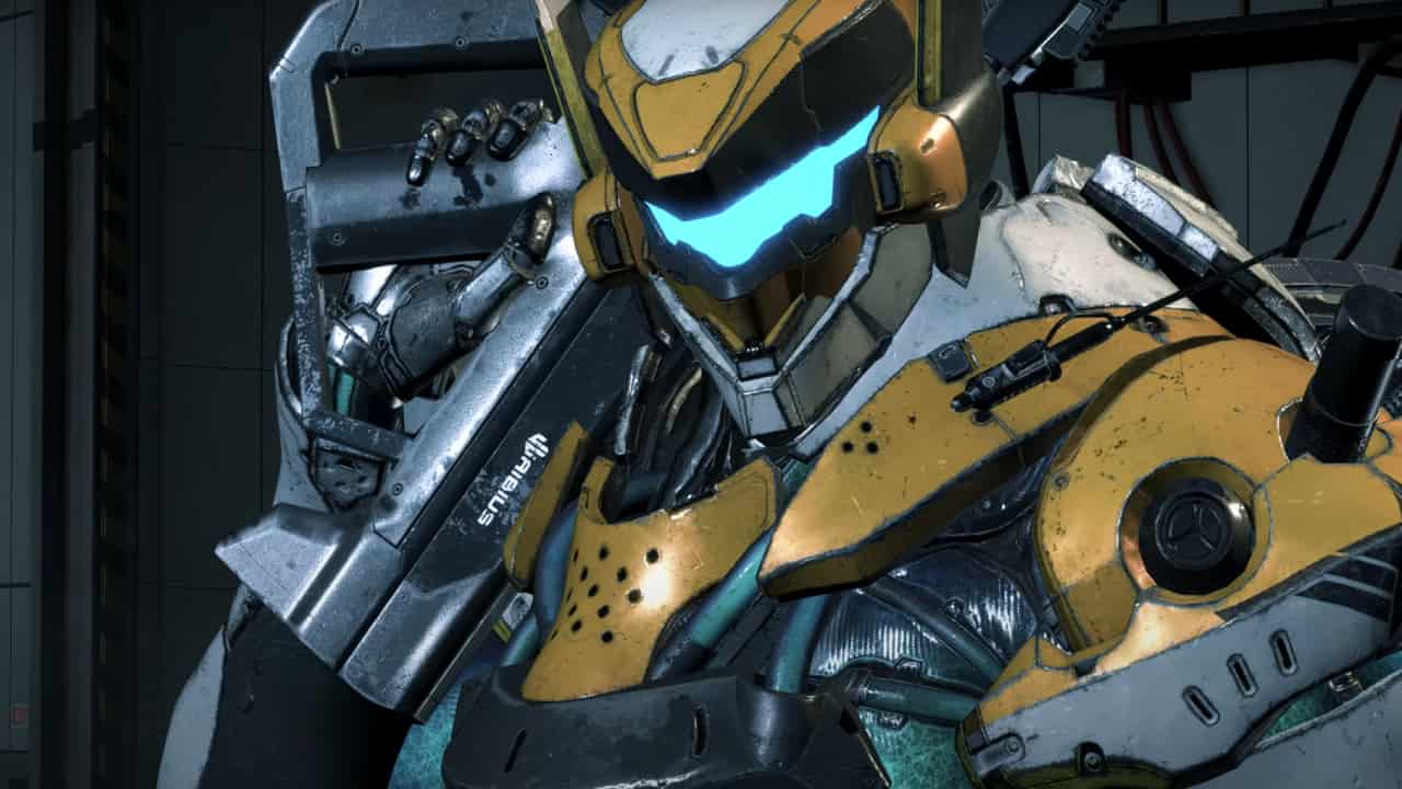 Exoprimal release date: A yellow Exosuit poses with their gun.