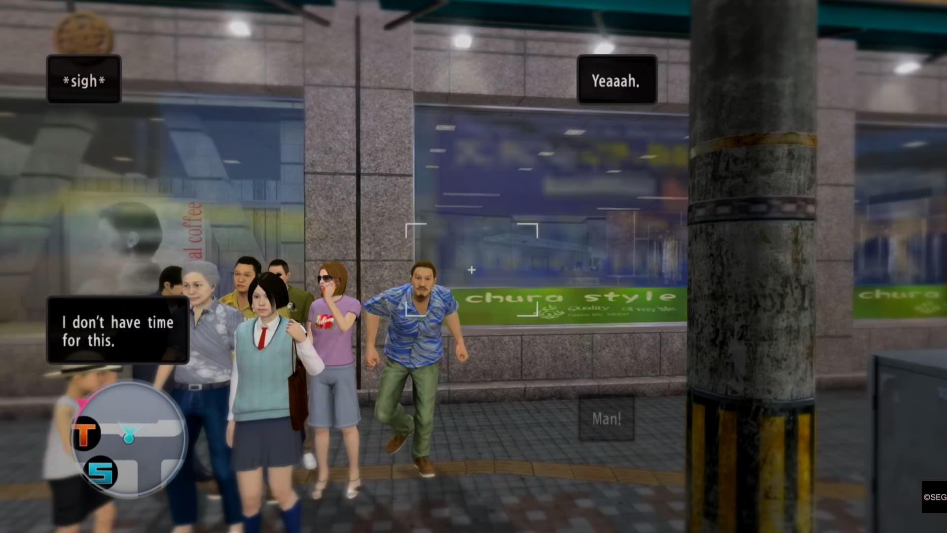 A group of animated characters is standing on a city sidewalk. A man in the foreground appears to be rushing while others look on in Yakuza Kiwami 3