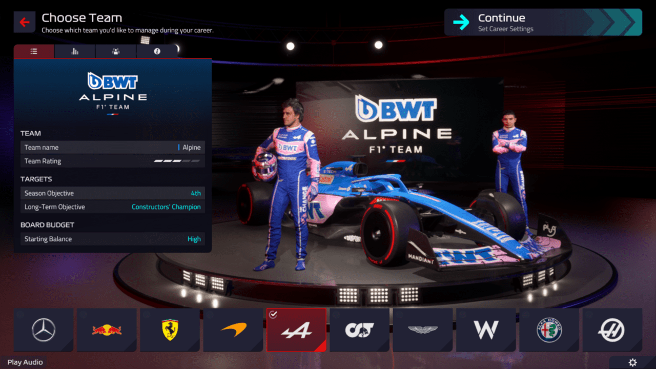 F1 Manager 2022 Teams Alpine Starting Stats