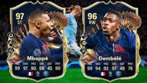Digital trading cards of football players Mbappé and Dembélé with their stats, set against backgrounds of in-game FC 24 scenes.