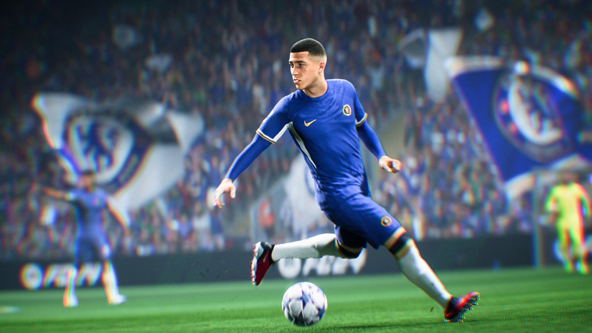 A player passes a ball to another player in EA Sports FC 24.