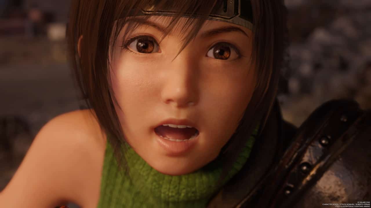 Close-up of a surprised Yuffie from FF7 Rebirth, with brown eyes and a green scarf.
