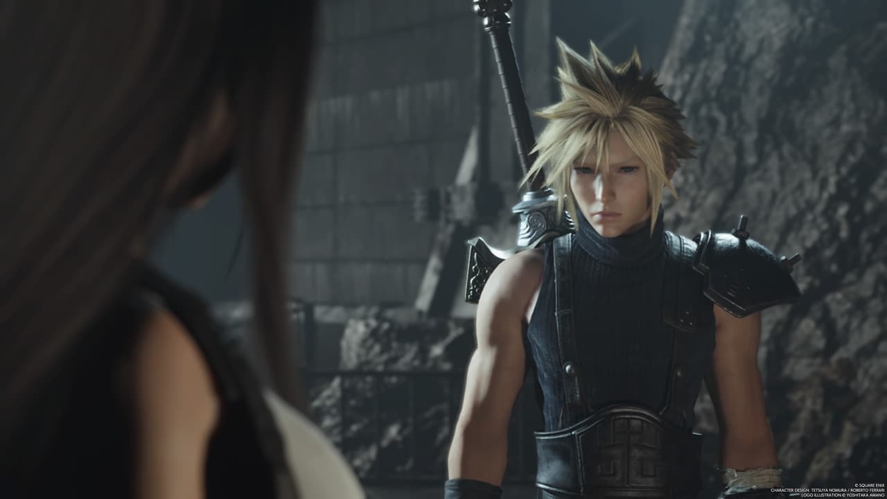FF7 Rebirth level up fast: Cloud looking very serious with Tifa in the foreground.