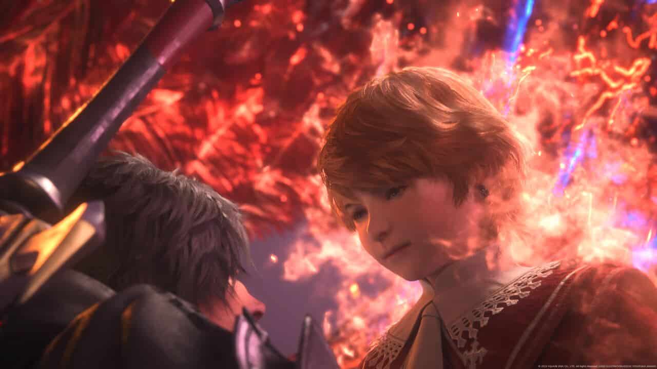 Final Fantasy 16 review: Joshua looking at Clive with flames in background.