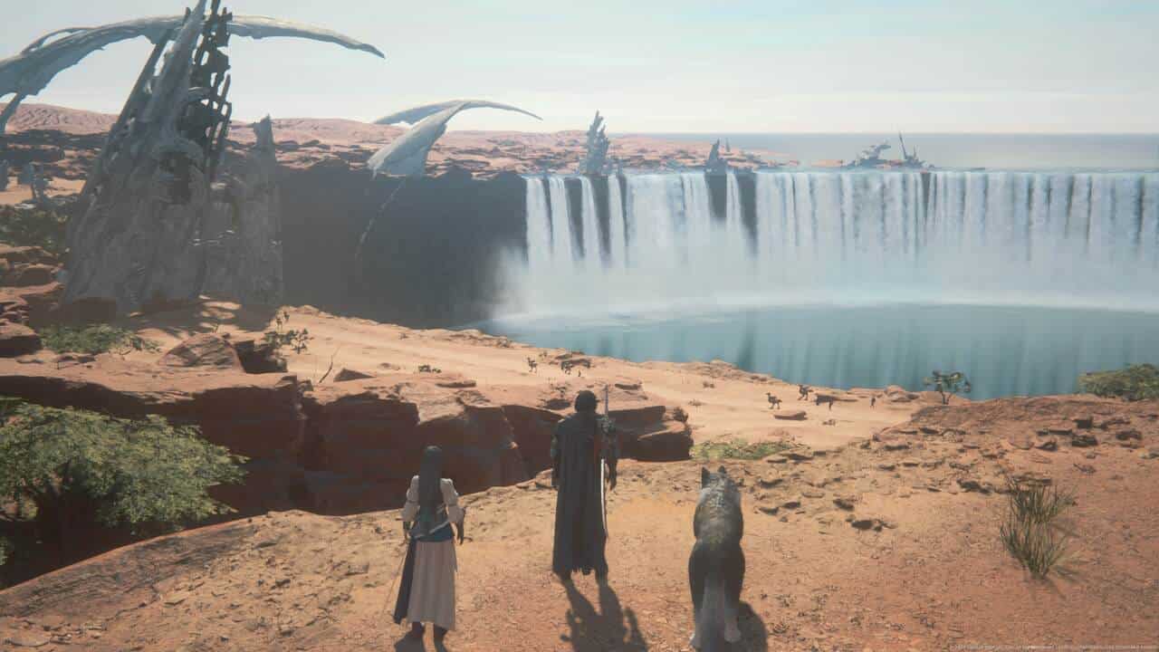 Final Fantasy 16 review: Clive, Jill, and Torgal looking at massive waterfall.