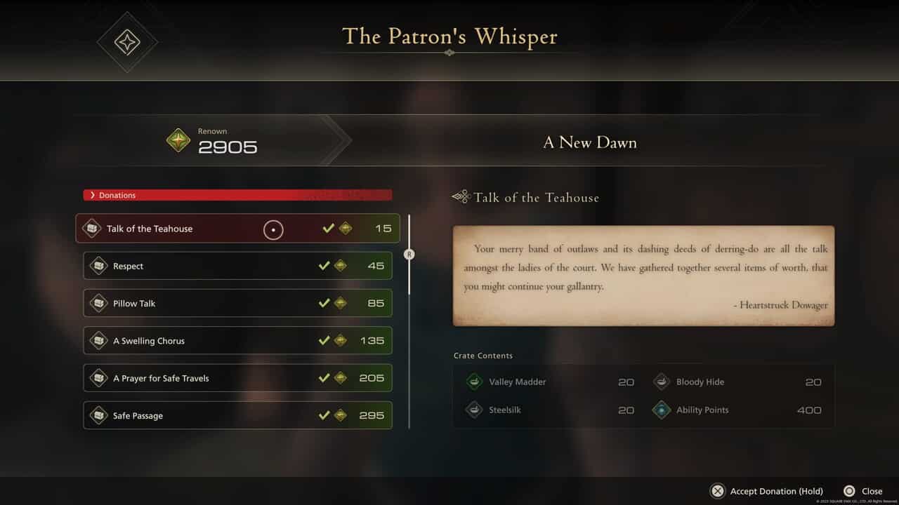 Final Fantasy 16 renown: The Patron's Whisper menu with list of rewards.