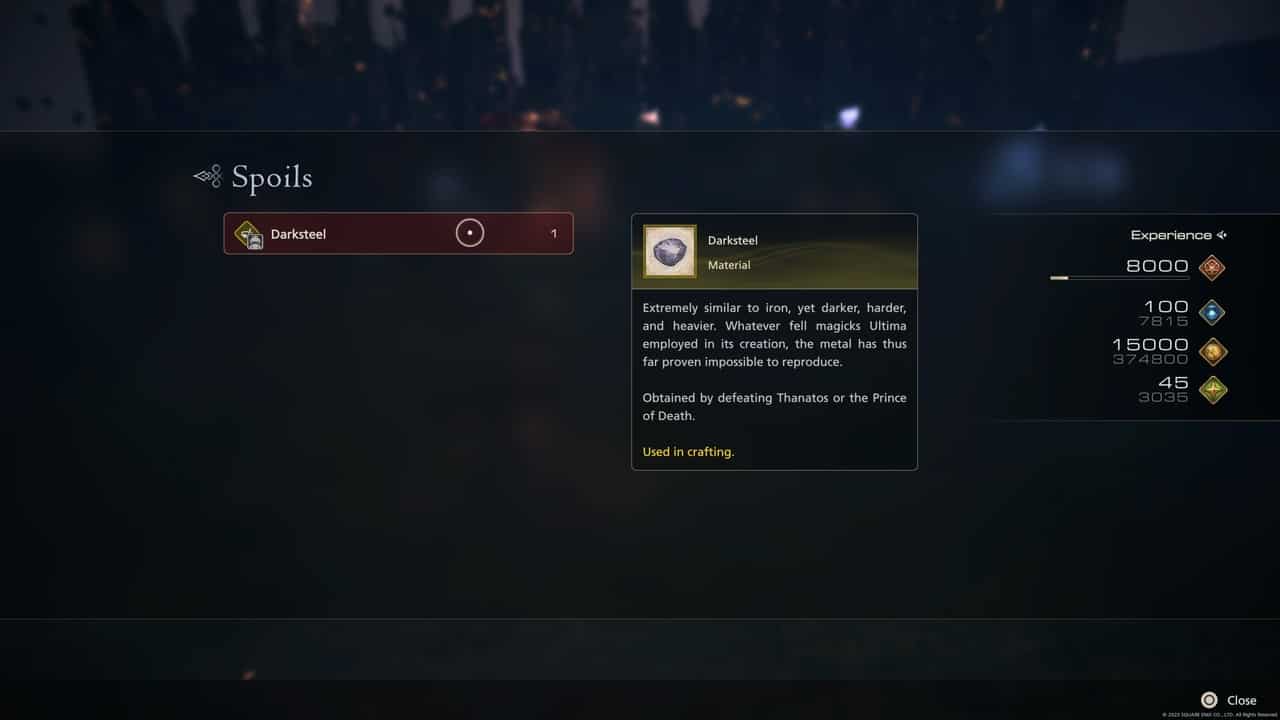 How to get Darksteel in Final Fantasy 16: Darksteel as spoils reward.